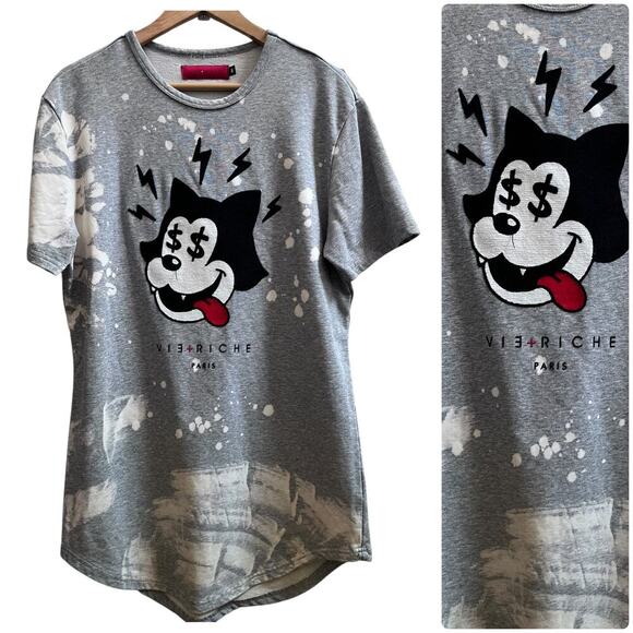 Vie + Richie Paris Bleached Cat Money Sign Short Sleeve Sweater Top Size Medium - Picture 9 of 9